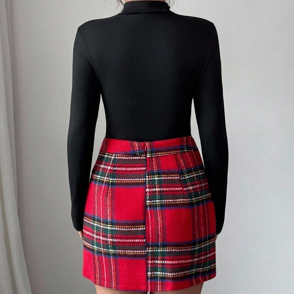 Multicolor Elegant Women's Party Plaid T-Shirt And Skirt Set - Picture 2 of 6